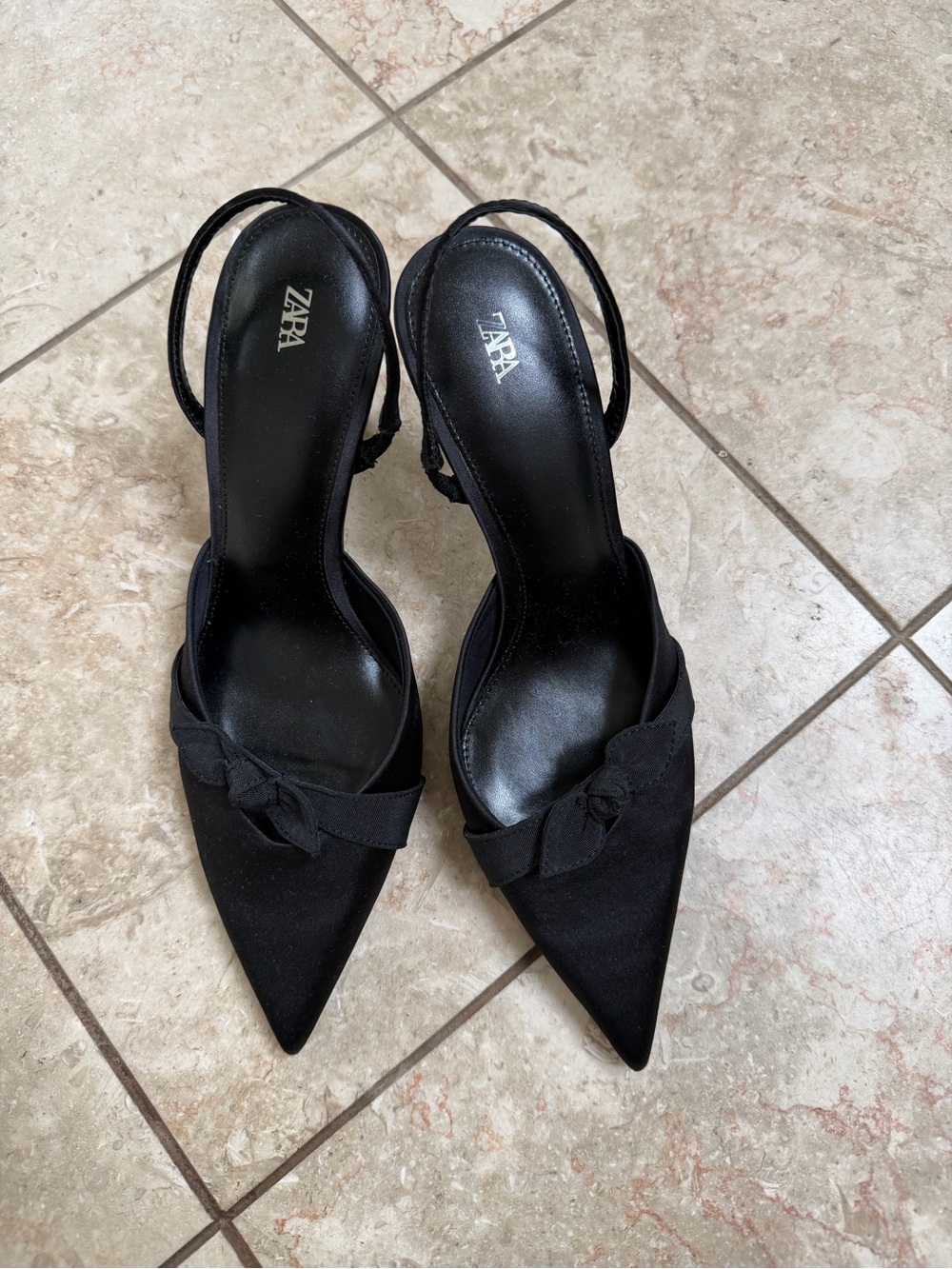 ZARA Black Pointed Slingback Heels with Bow Accent 38